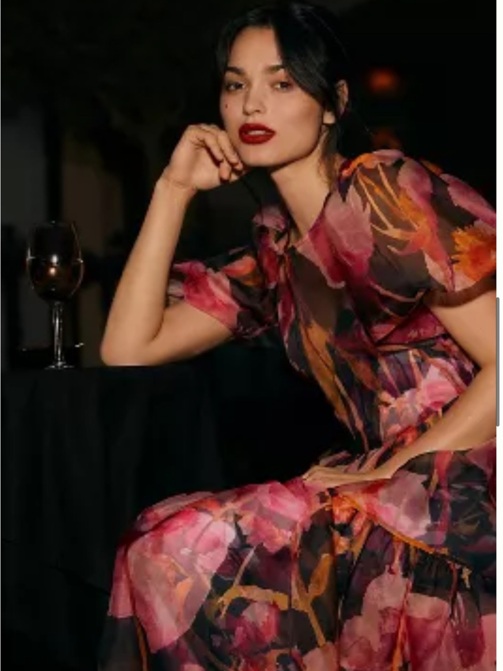 Anthropologie Black Sheer Midi Dress with Pink and Yellow Floral Print